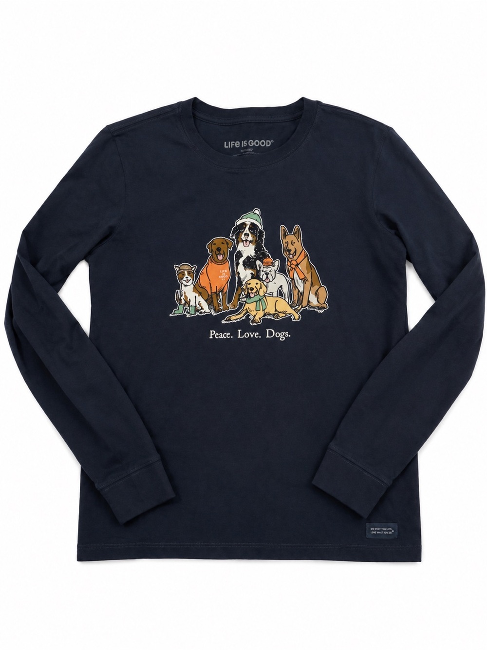 Life is Good Women’s M Long Sleeve Shirt Peace Love Dogs Navy Crusher Tee